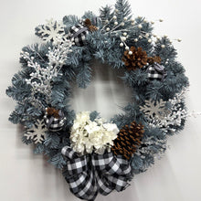 Load image into Gallery viewer, Pre-Lit, Custom-made Artificial Wreath - Silver/Blue-B/W Plaid