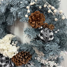 Load image into Gallery viewer, Pre-Lit, Custom-made Artificial Wreath - Silver/Blue-B/W Plaid