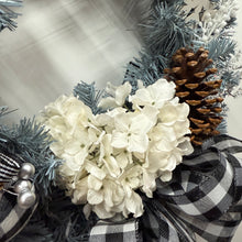 Load image into Gallery viewer, Pre-Lit, Custom-made Artificial Wreath - Silver/Blue-B/W Plaid